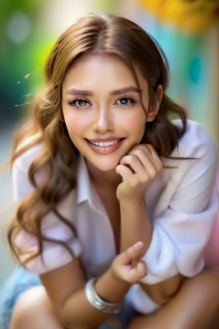 1 young woman, in her 20s, beautiful detailed eyes,beautiful detailed lips, happy face,long eyelashes,brown hair, sparkling eyes, happy smile, full-body visible, hands visible, torso visible, Sony 135mm f/1.8 GM, Marlene Favela,REALISTIC