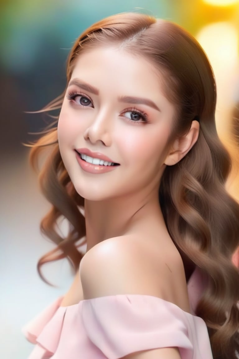 1 young woman, in her 20s, beautiful detailed eyes,beautiful detailed lips, happy face,long eyelashes,brown hair,light and delicate pink blush,sparkling eyes,happy smile, ((full-body visible)),  full-body_portrait, Marlene Favela