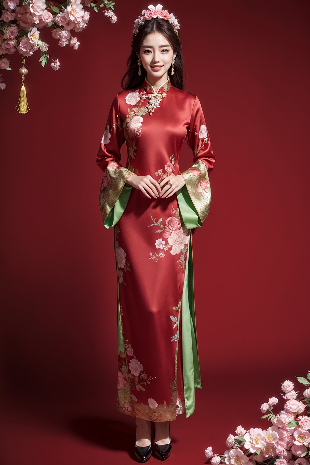 1girl, Super beautiful ,happy smile, solo, long hair, brown hair, black hair, hair ornament, long sleeves, dress, holding, jewelry, standing, full body, holding red envelope, flower, earrings, hair flower, necklace, sparkle, red chinese clothes, red dress, tassel, branch,peach blossom background,Red  background ,Extremely Realistic,Enhanced All