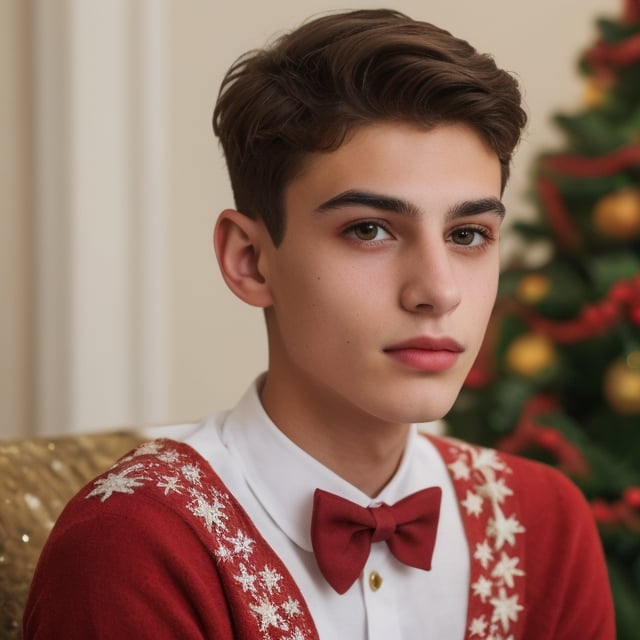 an 18 years old handsome cute italian boy, (wear christmas costume, christmas, christmas decoration, christmas tree:1.3), sharp focus, finely detailed eyes and face, short hair, fade haircut, male_only, handsome italian boy,