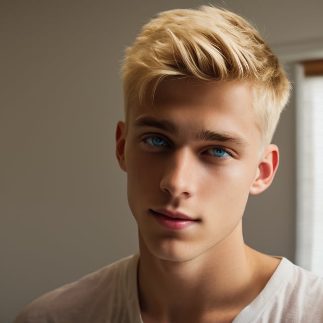 a handsome teen blond boy at home, sharp focus, short hair, fade haircut, sharp focus, finely detailed eyes and face, wear white t-shirt, short hair, male_only, add noise, sharp skin, masterpiece, photorealistic, best, best quality, male, handsome, Movie Still, Cinematic, Cinematic Lighting, Film Still, Cinematic Shot, Maxalexanderschmidt,