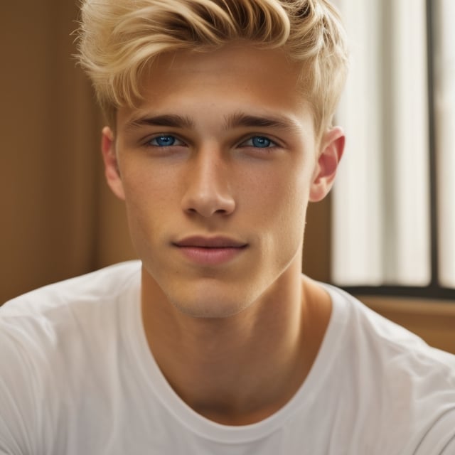 a handsome teen blond boy at home, sharp focus, short hair, fade haircut, sharp focus, finely detailed eyes and face, wear white t-shirt, short hair, male_only, add noise, sharp skin, masterpiece, photorealistic, best, best quality, male, handsome, Movie Still, Cinematic, Cinematic Lighting, Film Still, Cinematic Shot, Maxalexanderschmidt,