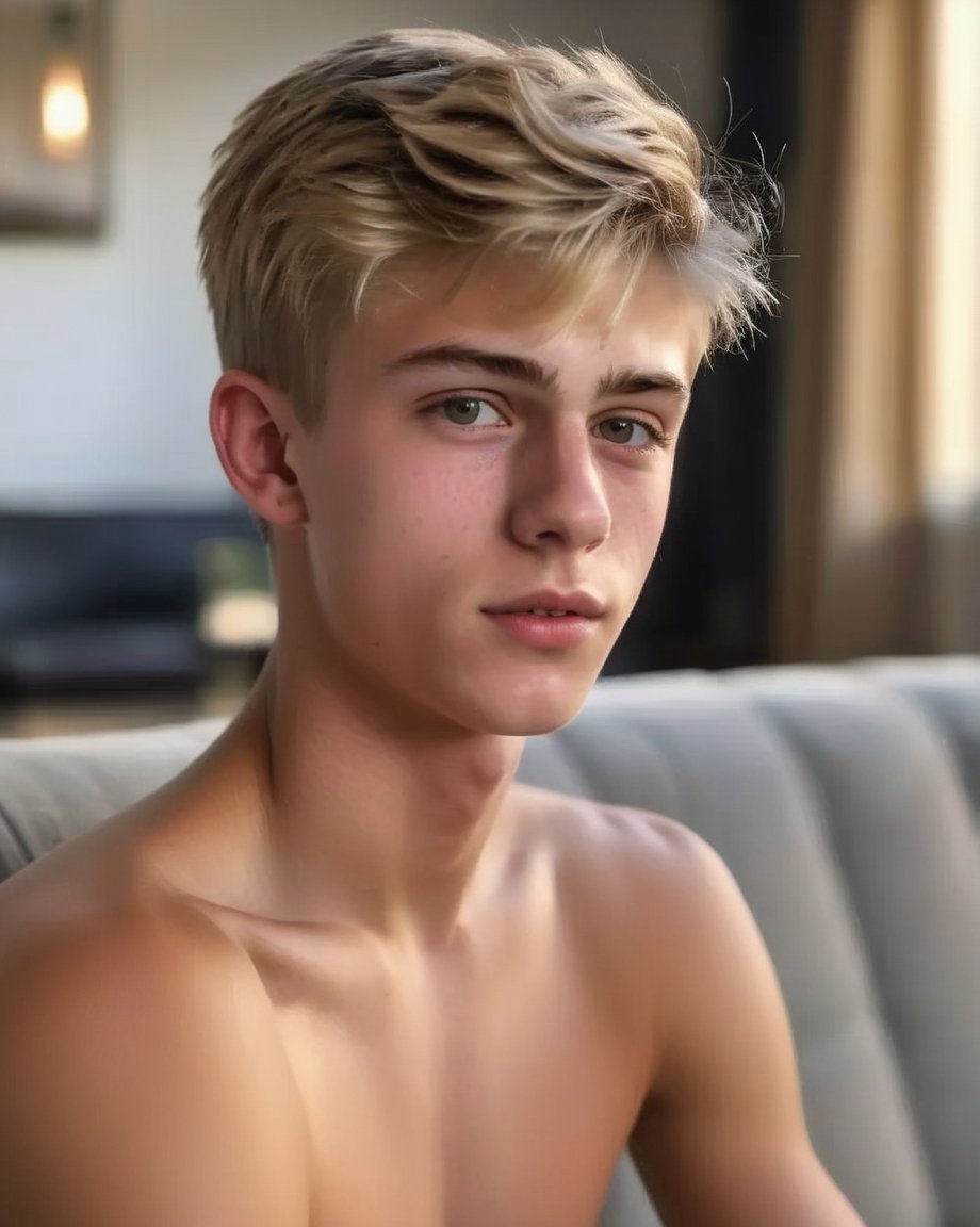 an 18 years old handsome cute blond boy, shirtless, sitting at home, sharp focus, finely detailed eyes and face, short hair, fade haircut, male_only, sharp skin, masterpiece, photorealistic, ultra-detailed, fine skin detail, best, super fine, best quality, ultra highres, 8k, RAW photo