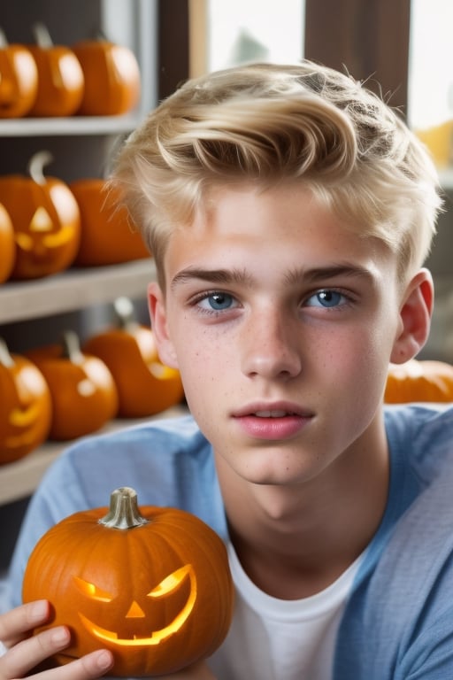 a 18 years old handsome teen cute blond boy, holding a pumkin with lots of candys, in a halloween AmusementPark, halloween decoration everywhere, sharp focus, detailed face, short hair, male_only, add noise, sharp skin, masterpiece, photorealistic, best, best quality, QiQi,