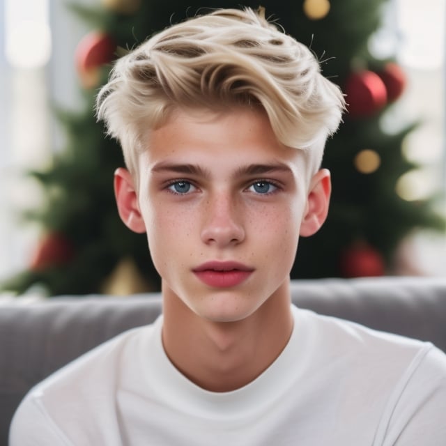 an 18 years old handsome cute blond boy, wear christmas costume, christmas, christmas decoration, christmas tree, sharp focus, finely detailed eyes and face, short hair, fade haircut, male_only, sharp skin, masterpiece, photorealistic, ultra-detailed, fine skin detail, best, super fine, best quality, ultra highres, 8k, RAW photo, cute blond boy,