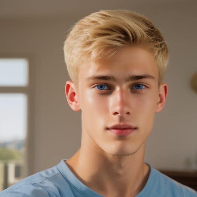 a 18 years old handsome blond man at home, sharp focus, finely detailed eyes and face, short hair, fade haircut, male_only, sharp skin, masterpiece, photorealistic, ultra-detailed, fine skin detail, best, super fine, best quality, ultra highres, 8k, RAW photo, Maxalexanderschmidt