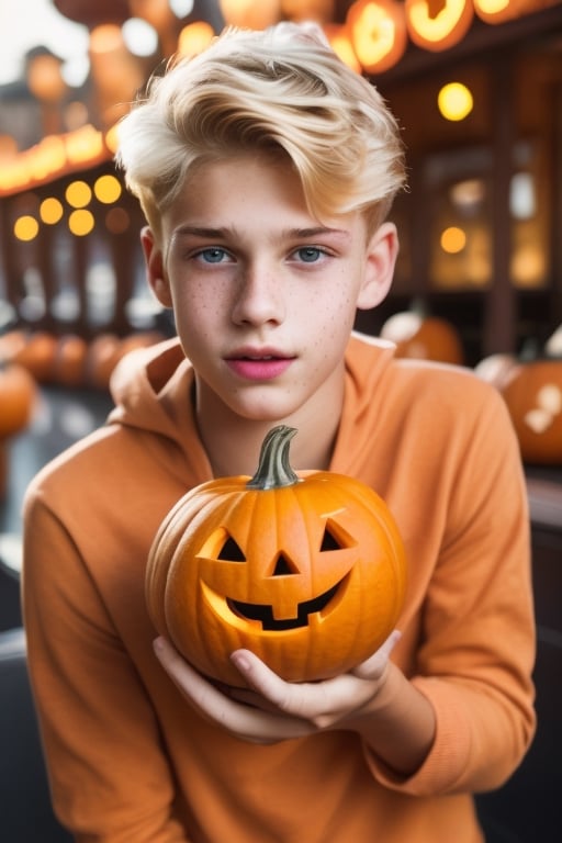 a beautiful cute teen blond boy, holding a pumkin with lots of candys, in a halloween AmusementPark, halloween decoration everywhere, sharp focus, detailed face, short hair, male_only, add noise, sharp skin, masterpiece, photorealistic, best, best quality, QiQi,