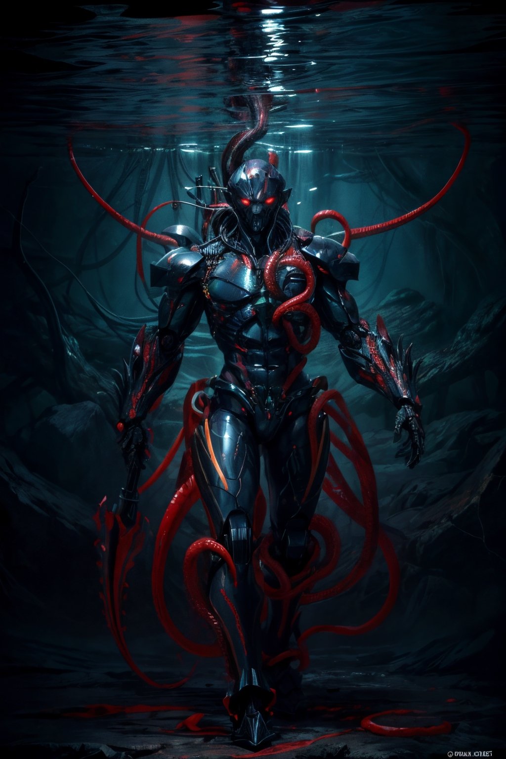 An underwater full body portrait of a terrifying deep ocean humanoid creature  in deep ocean, Mixture of a man and a squid ,,Big black dark squid with red eyes grasping the creature with its glowing red tentacles , abs , tatoos , holding a long electrified golden trident,, Epic legendary outfit with metallic scales ,  , (((Krakken in background))) , Aquaman vibes , Fantasy vibes ,Mechamusume,fate/stay background