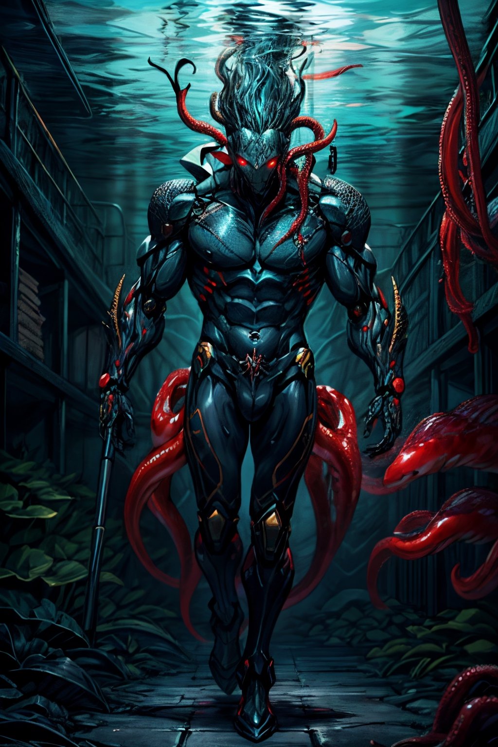 An underwater full body portrait of a terrifying deep ocean humanoid creature  in deep ocean,Big black dark squid with red eyes grasping the creature with its glowing red tentacles , abs , tatoos , holding a long electrified golden trident,, Epic legendary outfit with metallic scales ,  , (((Krakken in background))) , Aquaman vibes , Fantasy vibes ,Mechamusume,fate/stay background