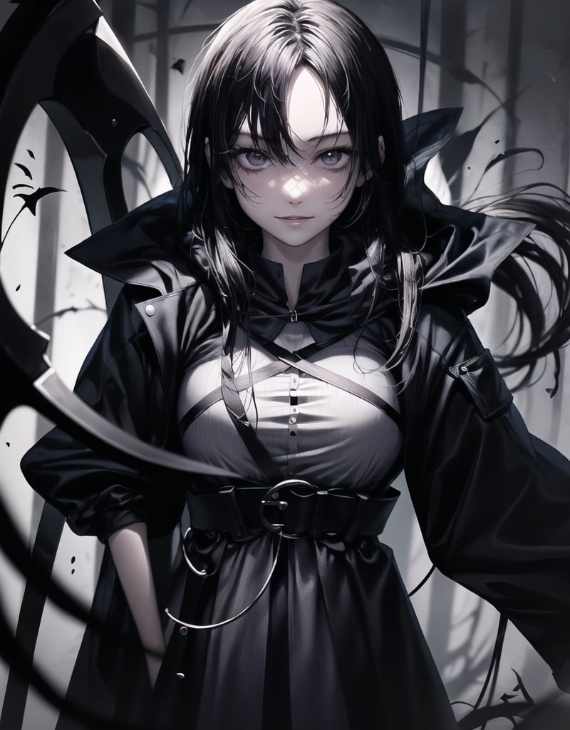 Shinigami is an 18-year-old girl.
She draws the whole body.
She holds a scythe in front of her body, which is bigger than the girl's.
A bewitching smile.
she has long black hair.
A black coat with a hood.