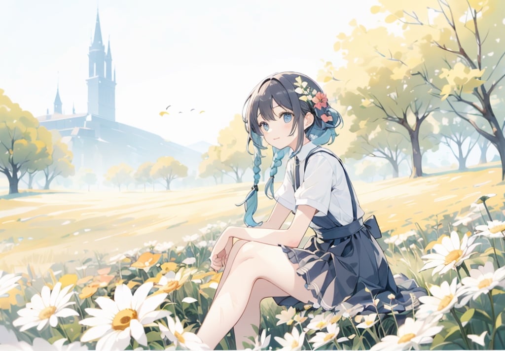 A girl sitting in a flower field.
She spreads her frilly skirt and sits down.
colorful flowers.,maidane, twin braids,perfect light,CrclWc