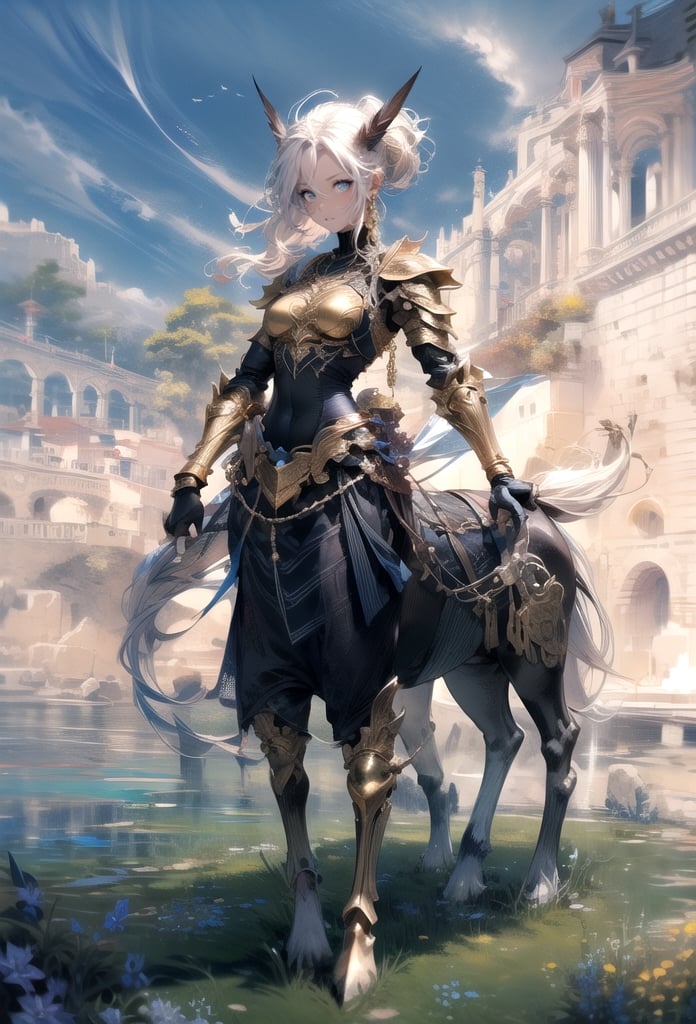 masterpiece, best quality, 
beautiful detailed eyes, 
detailed body, 
highres, 1girl, medium breasts, 
disheveled hair, round face, ponytail,
(Metal armor with golden decorations,)
fine gold embroidery,
wide shot, dynamic angle,
solo, 
(((centaur))), union of the girl's torso and the horse's body,
horse ears, two arms, four legs, 
four hooves on horse body, 
full body, detailed horse body, ,midjourney,no_humans