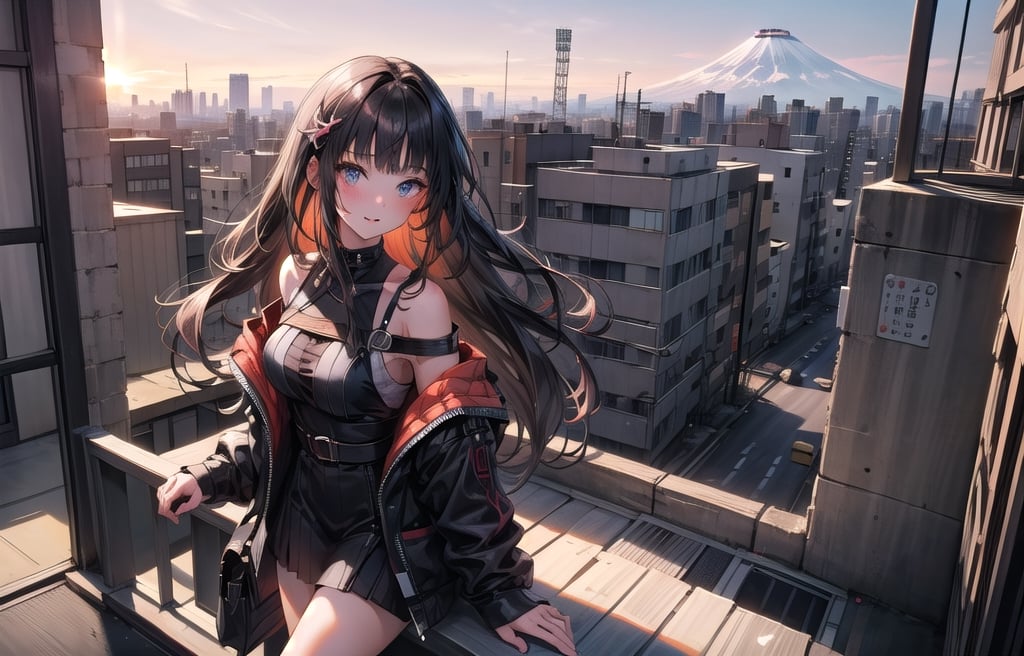 A 20-year-old woman with long black hair.
She is wearing a colorful off-shoulder dress suit.
A girl is looking at the Tokyo skyline from the balcony.
A city lined with buildings.
Mt. Fuji can be seen faintly through the gap between the buildings.