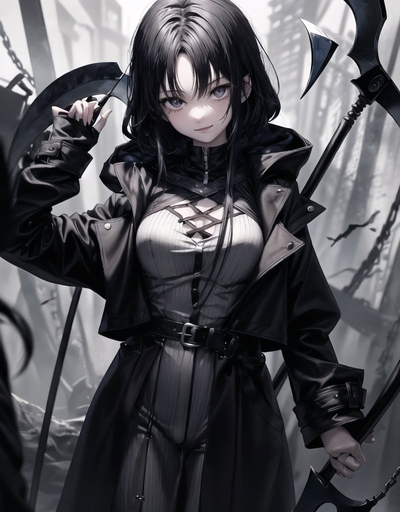 Shinigami is an 18-year-old girl.
She draws the whole body.
She holds a large scythe in front of her.
A bewitching smile.
she has long black hair.
A black coat with a hood.