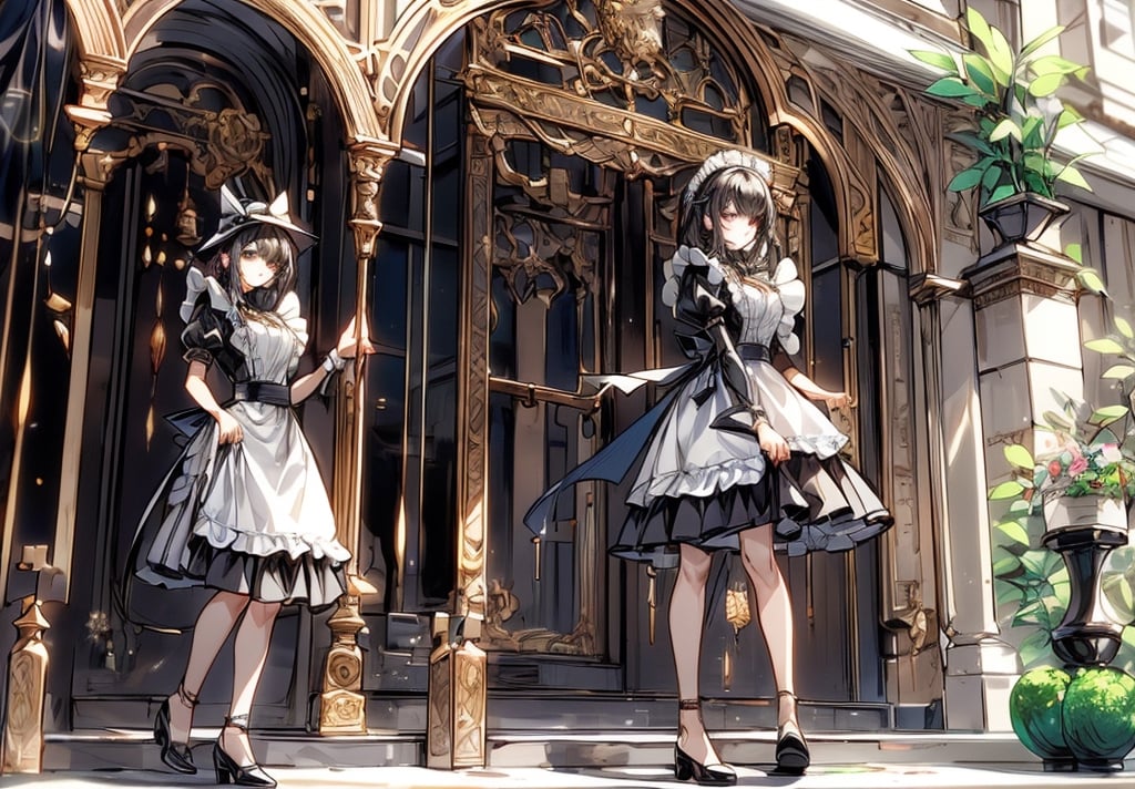 A girl wearing a classic maid outfit.
She is standing on the steps of a large mansion.