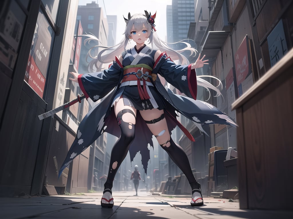 Top quality, super detailed 8k CG rendering, masterpiece, high resolution, highly detailed,
Silver-haired samurai girl,
Battle-wounded and torn kimono
Metropolis, 1 girl with very long hair and blue eyes, 
Full body, 1 girl