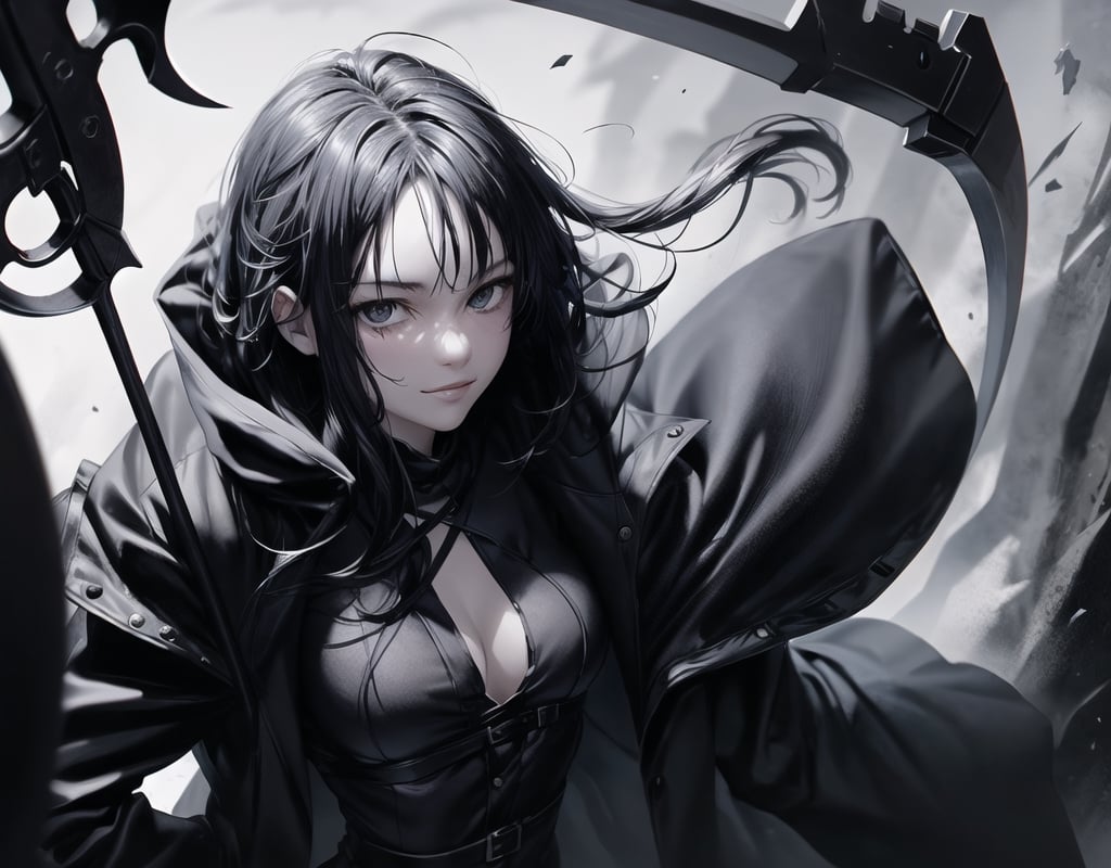 Shinigami is an 18-year-old girl.
She draws the whole body.
She holds a large scythe in front of her.
A bewitching smile.
she has long black hair.
A black coat with a hood.