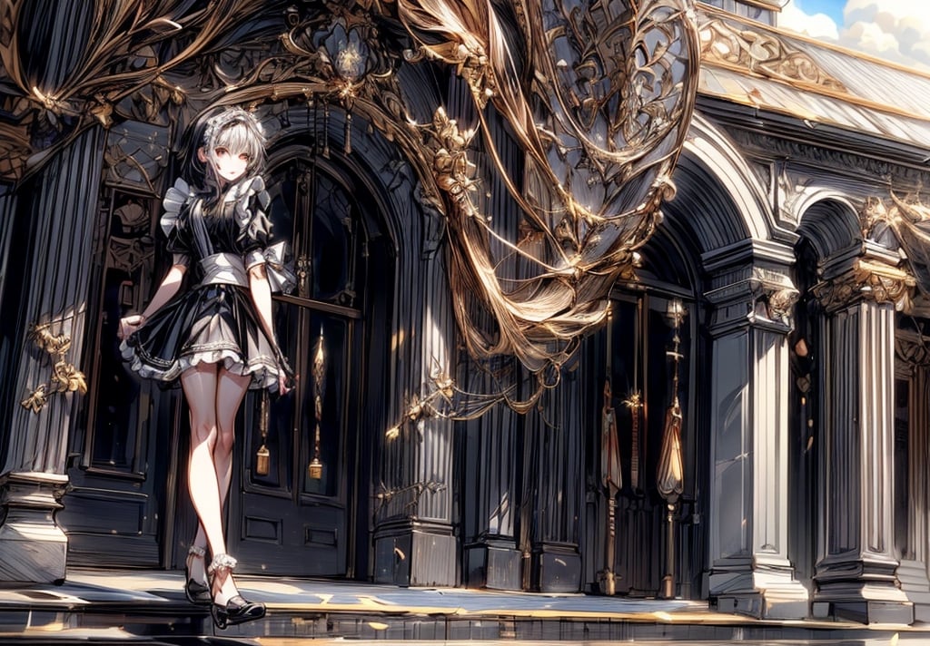 A girl wearing a classic maid outfit.
She is standing on the steps of a large mansion.