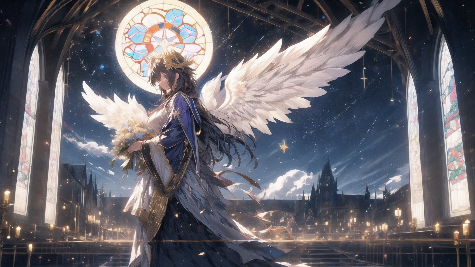 angel, goddess, golden embroidery,
big white wings,
Cathedral,
Stained glass,
full moon,midjourney,march 7th \(honkai: star rail\)