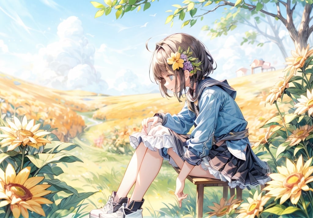 A girl sitting in a flower field.
She is sitting flat.
She spreads her frilly skirt and sits down.
colorful flowers.