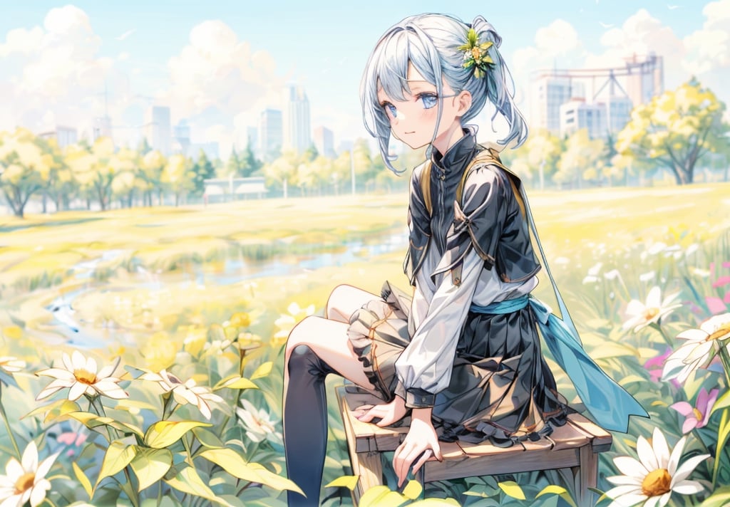 A girl sitting in a flower field.
She is sitting flat.
She spreads her frilly skirt and sits down.
colorful flowers.