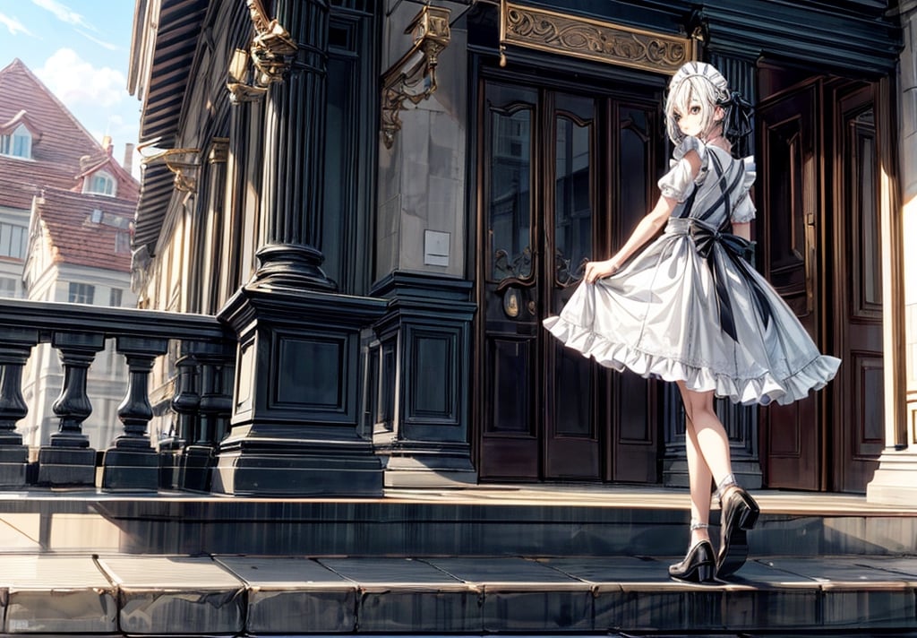 A girl wearing a classic maid outfit.
She is standing on the steps of a large mansion.