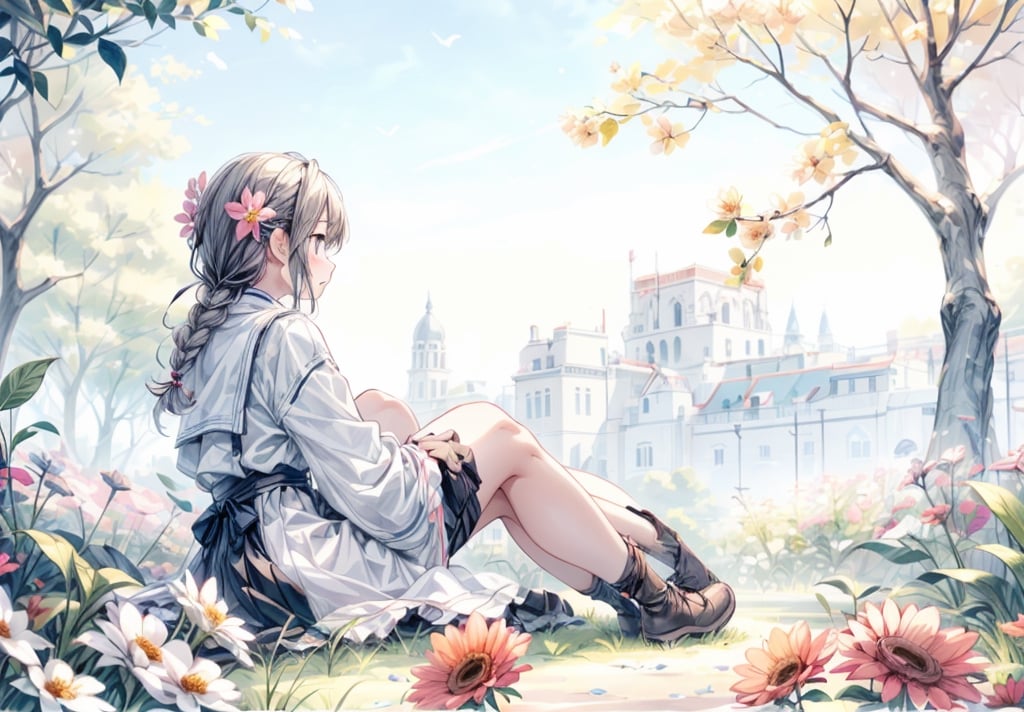 A girl sitting in a flower field.
She spreads her frilly skirt and sits down.
colorful flowers.,maidane, twin braids,perfect light,CrclWc