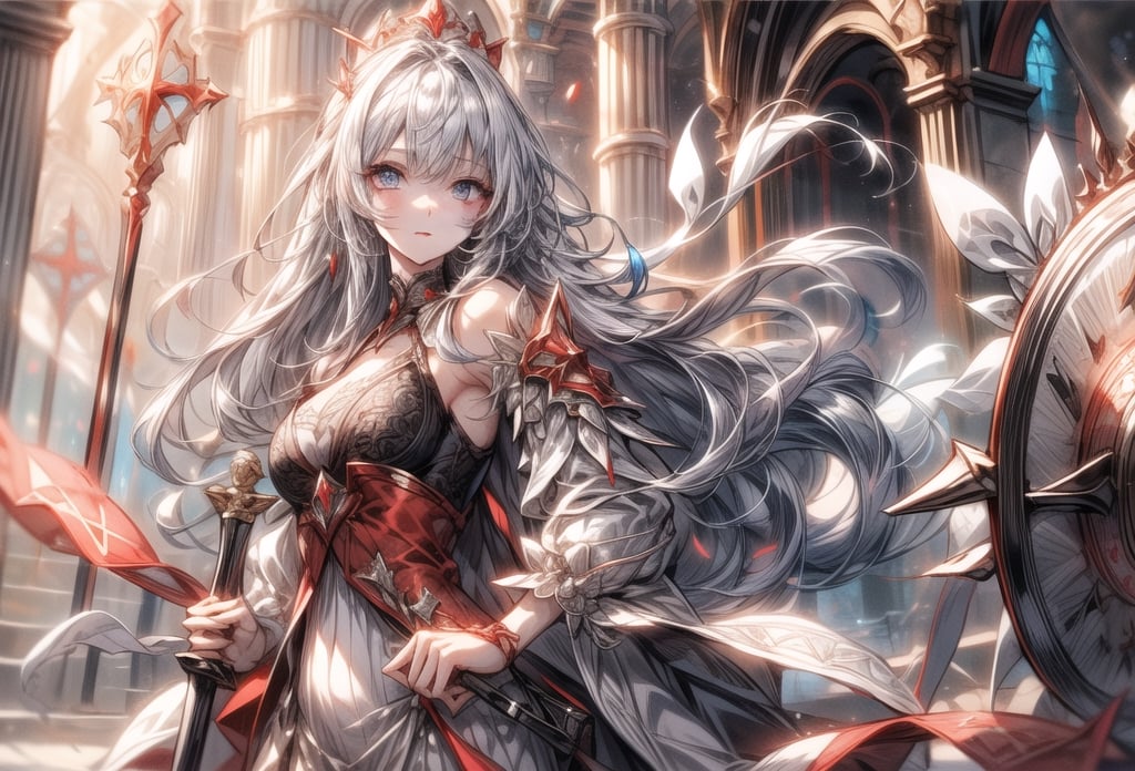 Princess knight, silver hair, tied hair,
Hair tousled by the wind,
white dress with red embroidery with metal,
crystal temple, stained glass,
Large Sword & Large Shield