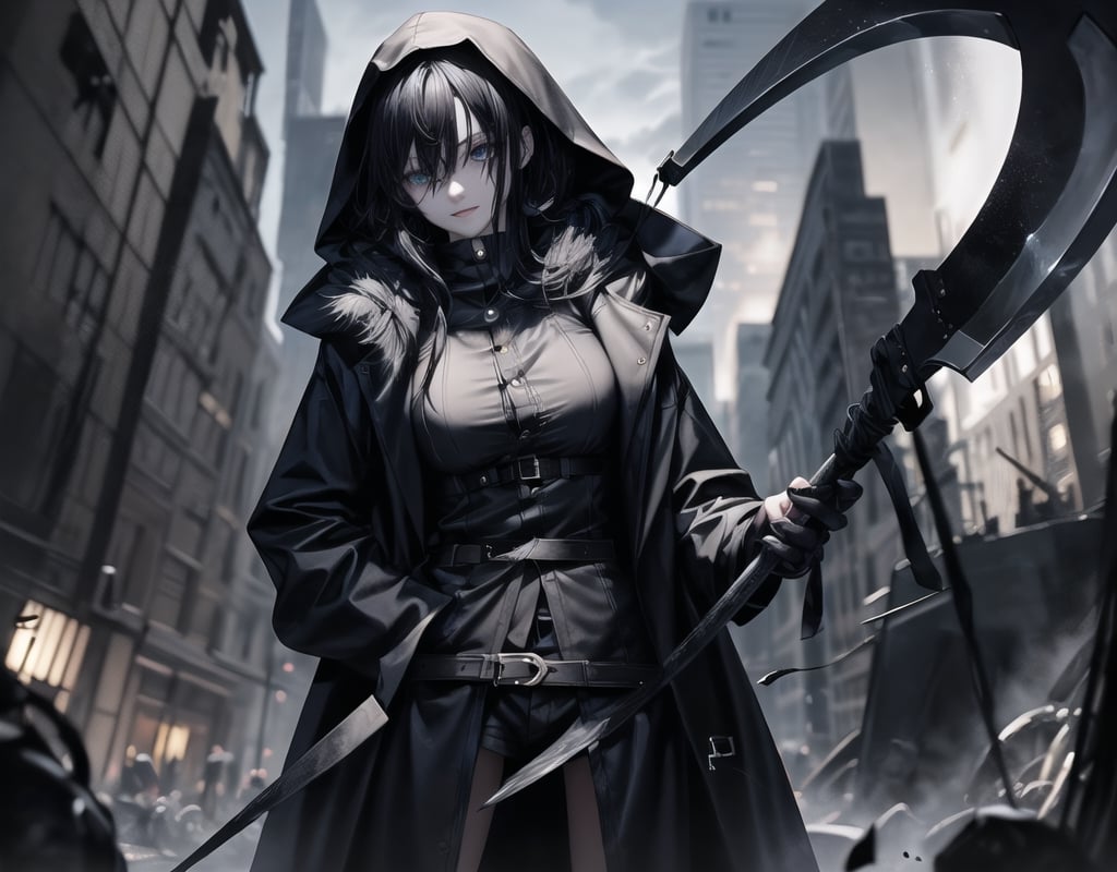 Shinigami is an 18-year-old girl.
She draws the whole body.
She holds a large scythe in front of her.
A bewitching smile.
she has long black hair.
A black coat with a hood.