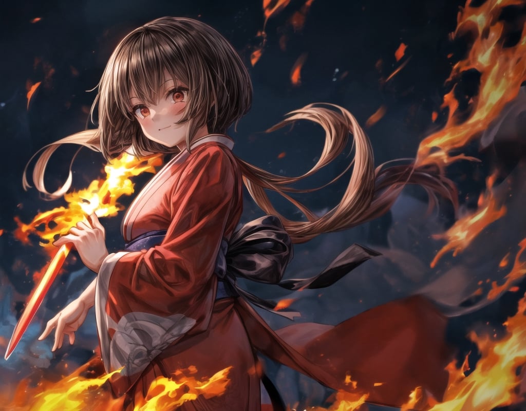 Red Samurai Sword Girl.
A background filled with flames.
Snowstorm.
kimono.