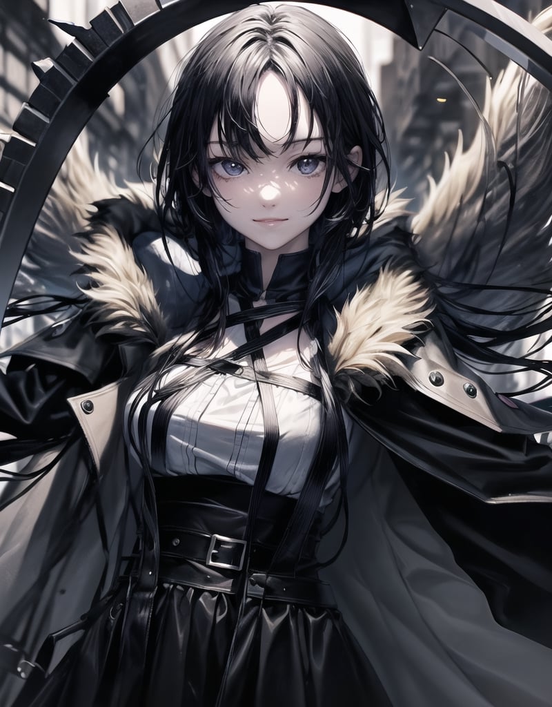 Shinigami is an 18-year-old girl.
She draws the whole body.
She holds a large scythe in front of her body.
She has a bewitching smile.
she has long black hair.
She is wearing a black coat with a hood.