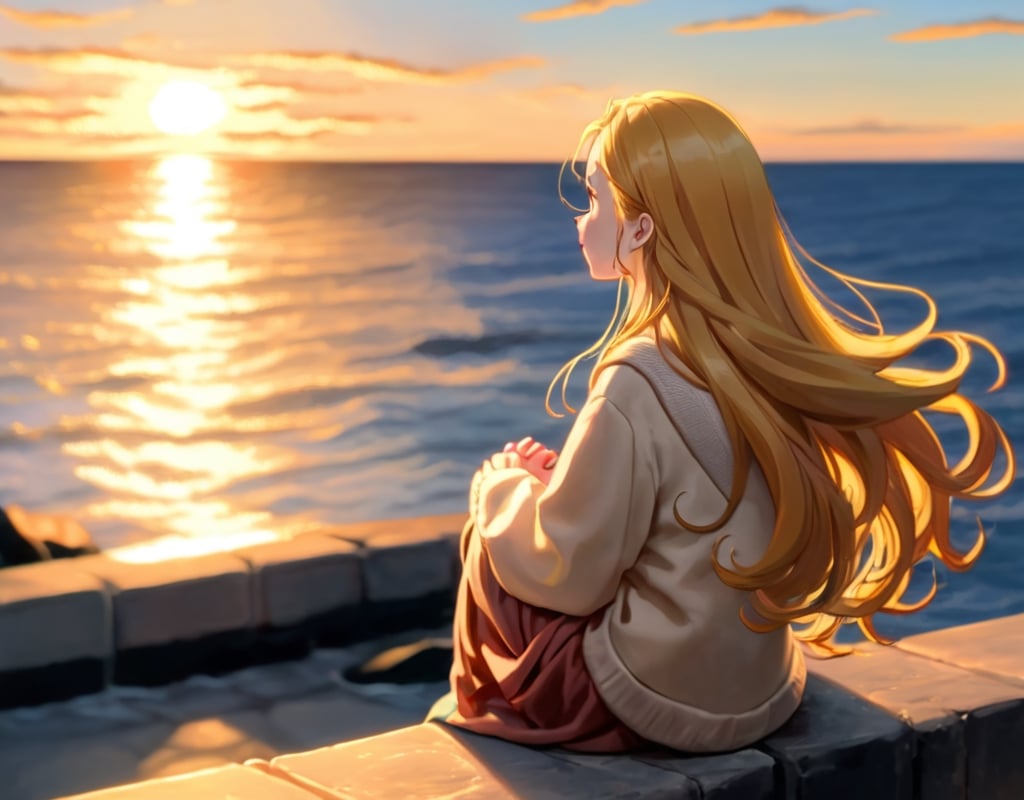 A girl sitting on the breakwater.
Her long golden hair is swaying in the wind.
She is watching the sunset over the sea.