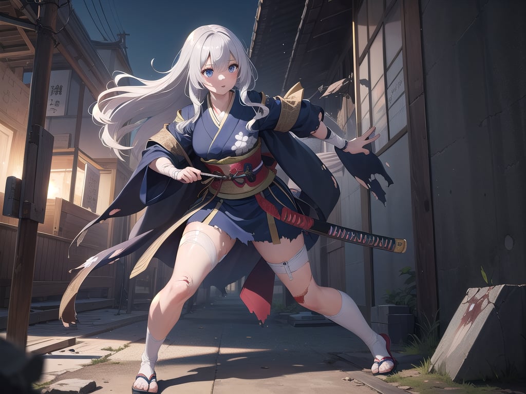 Top quality, super detailed 8k CG rendering, masterpiece, high resolution, highly detailed,
Silver-haired samurai girl,
Battle-wounded and torn kimono
Metropolis, 1 girl with very long hair and blue eyes, 
Full body, 1 girl