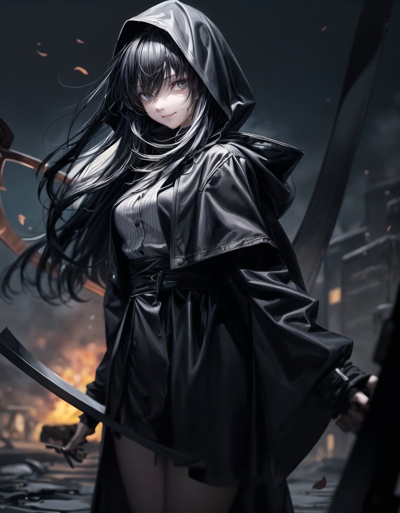 Shinigami is an 18-year-old girl.
She draws the whole body.
She holds a scythe in front of her body, which is bigger than the girl's.
A bewitching smile.
she has long black hair.
A black coat with a hood.
naked under her coat