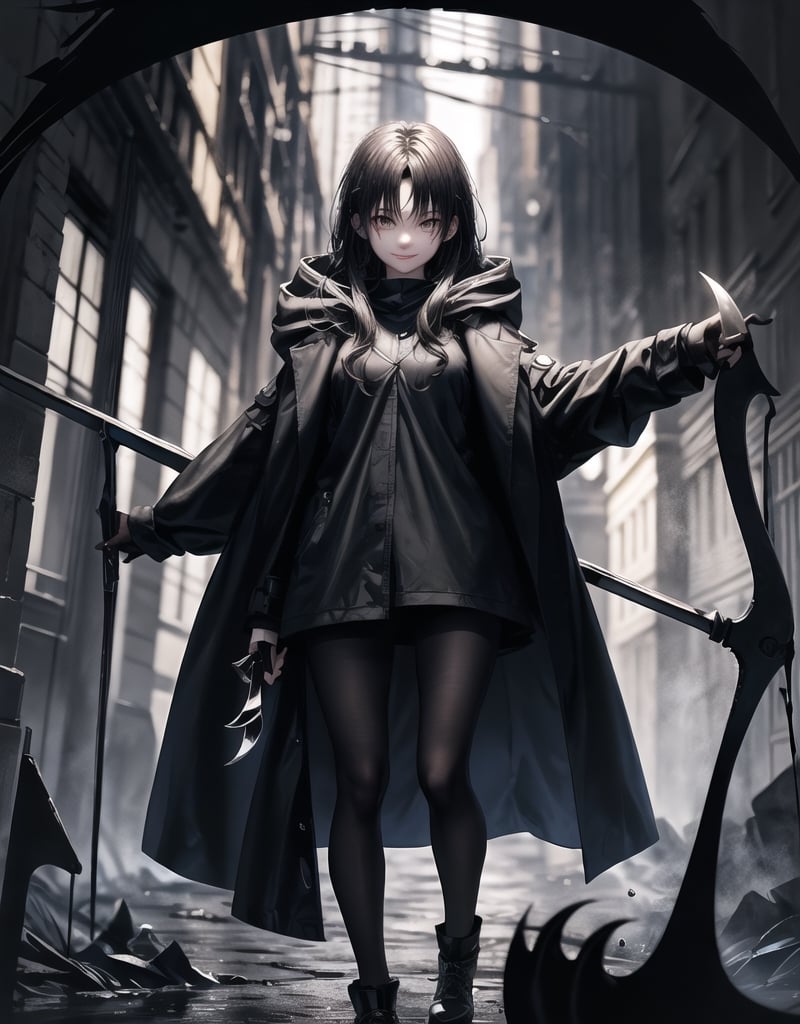 Shinigami is an 18-year-old girl.
She draws the whole body.
She holds a scythe in front of her body, which is bigger than the girl's.
A bewitching smile.
she has long black hair.
A black coat with a hood.