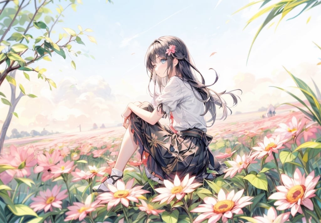 A girl sitting in a flower field.
She is sitting flat.
She spreads her frilly skirt and sits down.
colorful flowers.