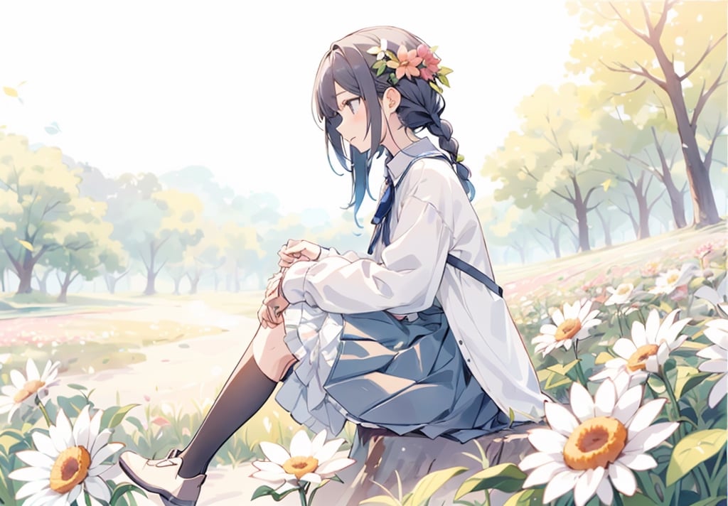 A girl sitting in a flower field.
She spreads her frilly skirt and sits down.
colorful flowers.,maidane, twin braids,perfect light,CrclWc