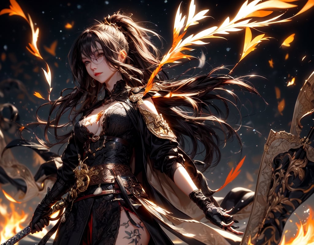 sword girl.
A background filled with flames.
Snowstorm.
samurai.