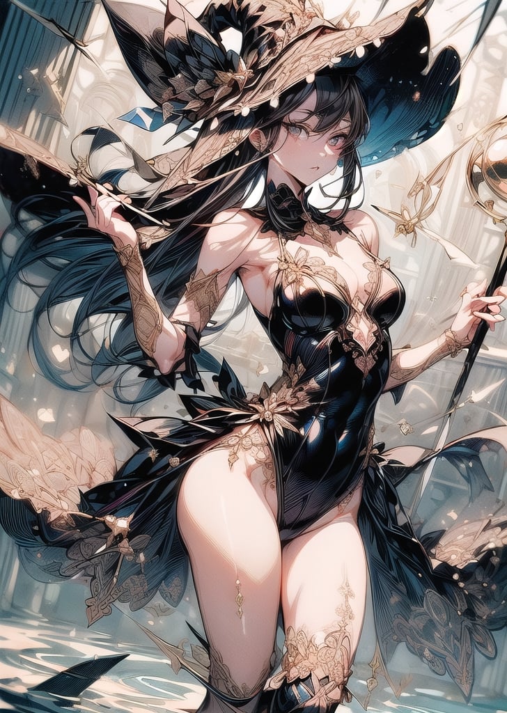 (Delicate depiction with sharp lines: 1.8)
Magician girl, long black hair, detailed hair expression,
Black leotard dress with golden embroidery, witch hat,
He has a cane with a blue gem on it,
dynamic pose,
Magic circle, water dancing in the air,
water temple,