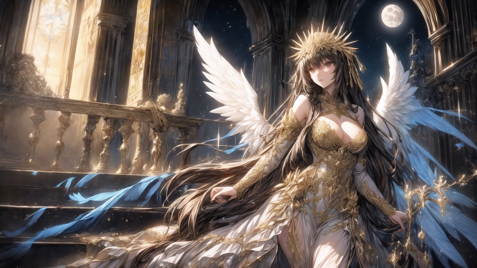 Angels, goddesses, golden embroidery, long dresses, frills,
big white wings, iron mask
Cathedral,
Stained glass,
full moon,