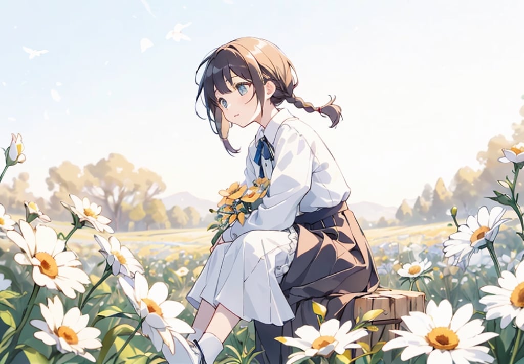 A girl sitting in a flower field.
She spreads her frilly skirt and sits down.
colorful flowers.,maidane, twin braids,perfect light,CrclWc