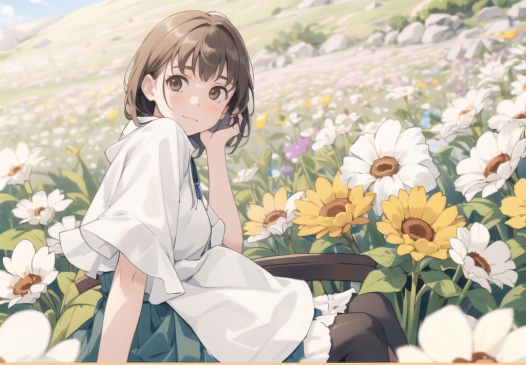 A girl sitting in a flower field.
She spreads her frilly skirt and sits down.
colorful flowers.,maidane