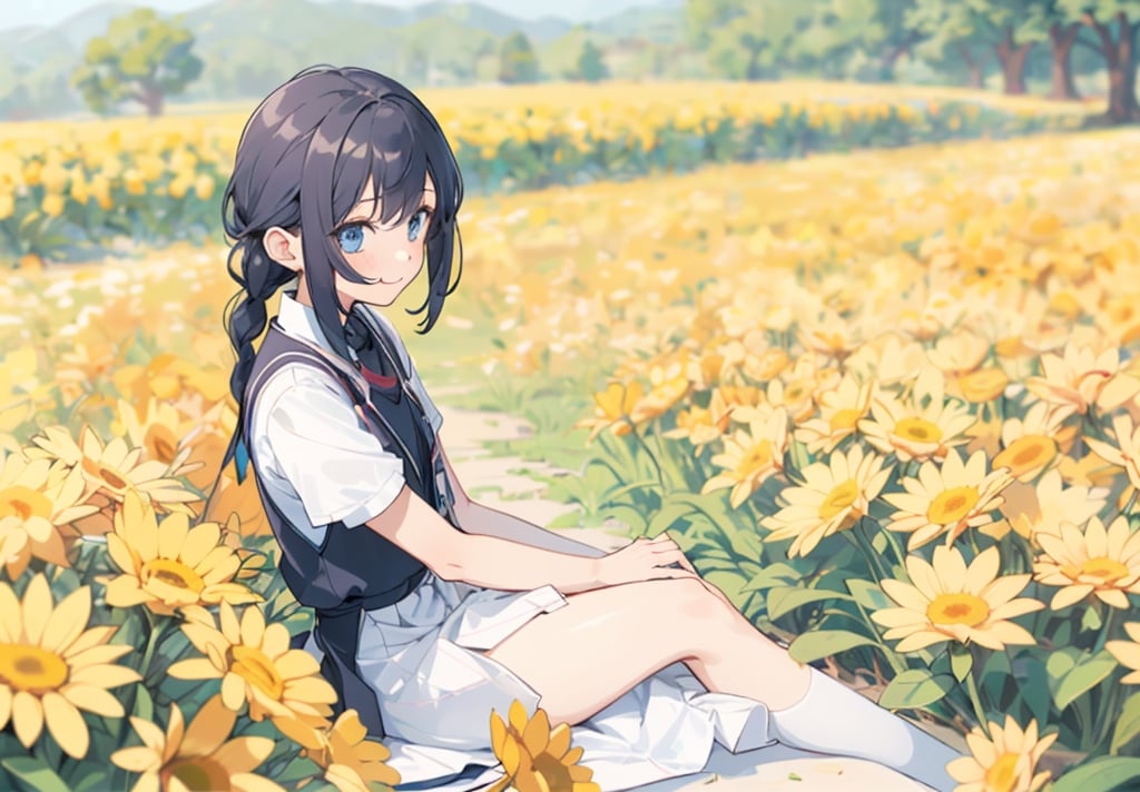 A girl sitting in a flower field.
She spreads her frilly skirt and sits down.
colorful flowers.,maidane, twin braids