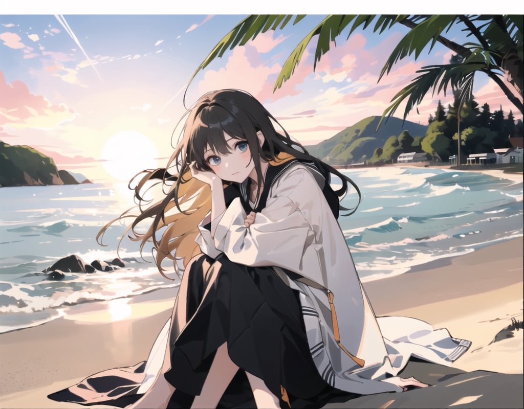 A girl sitting on the sandy beach.
Her long golden hair is swaying in the wind.
She is watching the sunset over the sea.