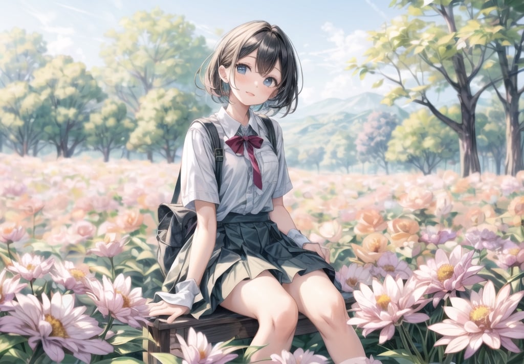 A girl sitting in a flower field.
She spreads her frilly skirt and sits down.
colorful flowers.