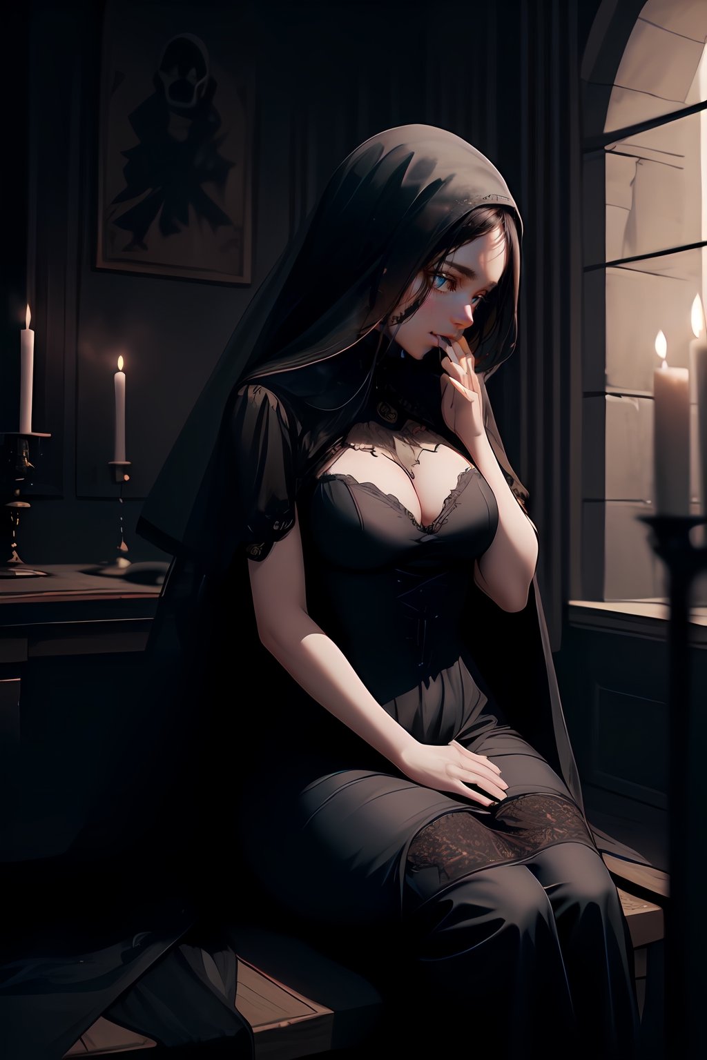 A gothic scene of horror and beauty. A goth girl sits in a pentagram of burning roses and candles, her hands clasped in prayer. She wears a black lace dress and a veil over her face. The room is filled with shadows and cobwebs, and a skull hangs on the wall behind her