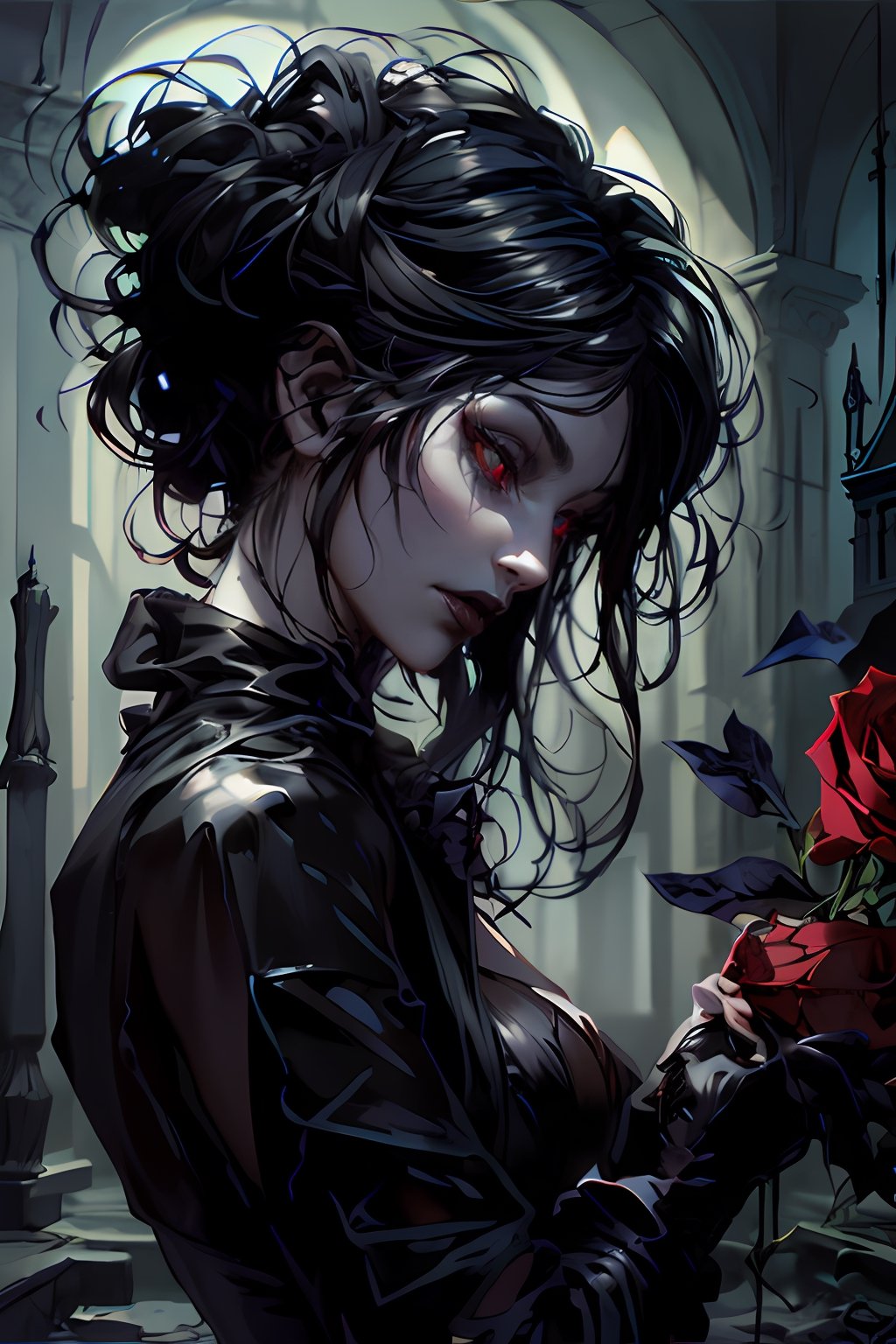 gothic woman with black hair and a rose in her hand, gothic art style, in style of dark fantasy art, gothic art, gothic romance, gothic fantasy art, gothic maiden, dark fantasy style art, gothic girl, gothic, goth woman, style of charlie bowater, dark beauty, gothic fantasy, in style of charlie bowater, gothic maiden of the dark