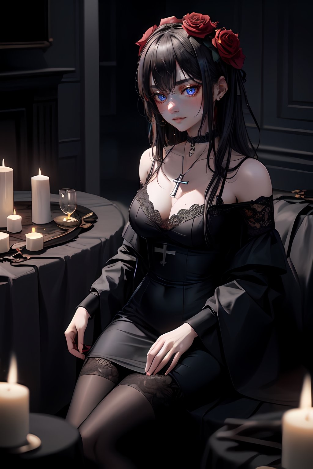 A lonely goth girl surrounded by flames and darkness. She sits in a pentagram made of roses and candles, her eyes closed and her lips parted. She wears a black dress and a choker with a cross pendant. The room is empty and dark, except for the flickering light of the candles