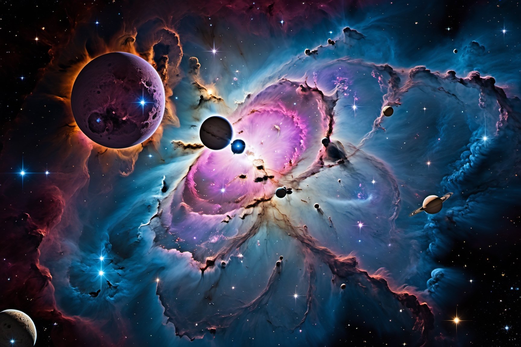 A close-up view of a nebula, a new stars are being born | The nebula has different shades of purple, blue, and pink | The stars are bright and sparkling, Some of them have planets orbiting around them | The planets have various shapes, sizes, and colors | Some of them have rings, moons, or atmospheres