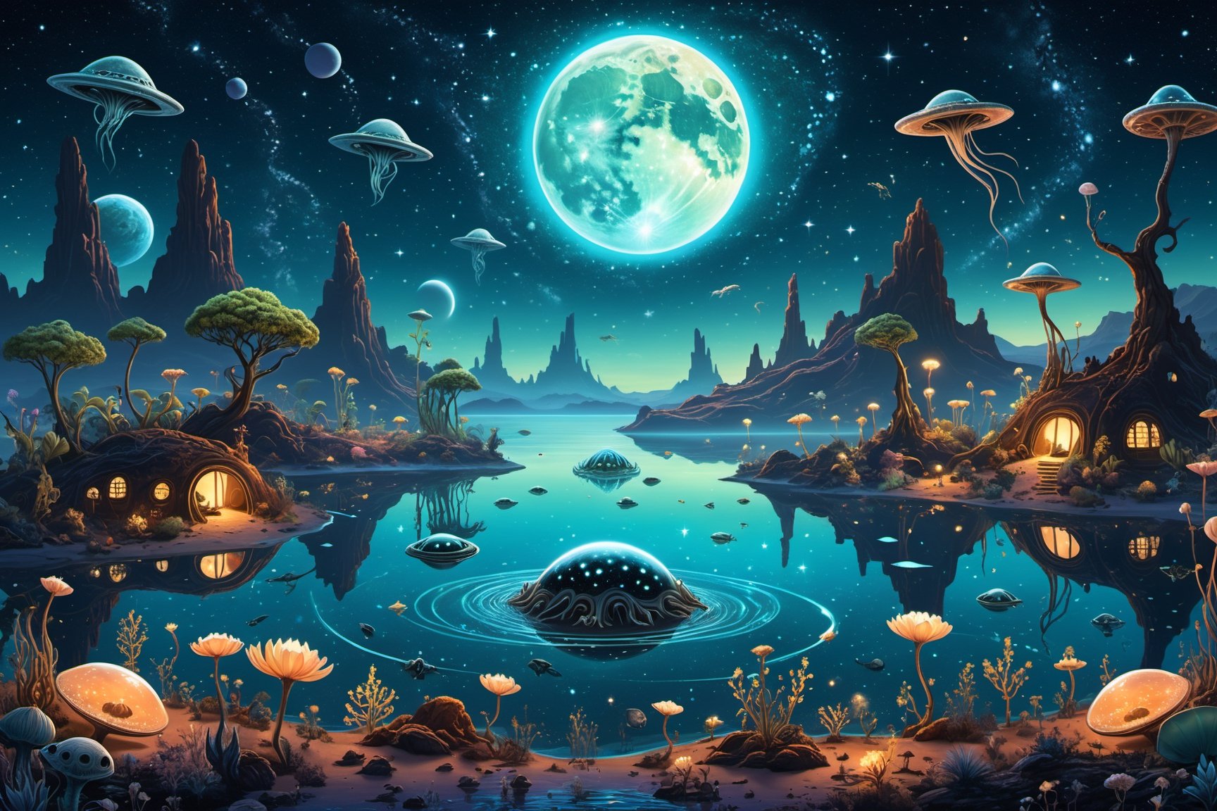 A starry night sky over an alien planet with glowing plants and animals. The creatures have transparent skin that reveals their internal organs and bones. Some of them are flying, some are crawling, and some are swimming in a bioluminescent lake